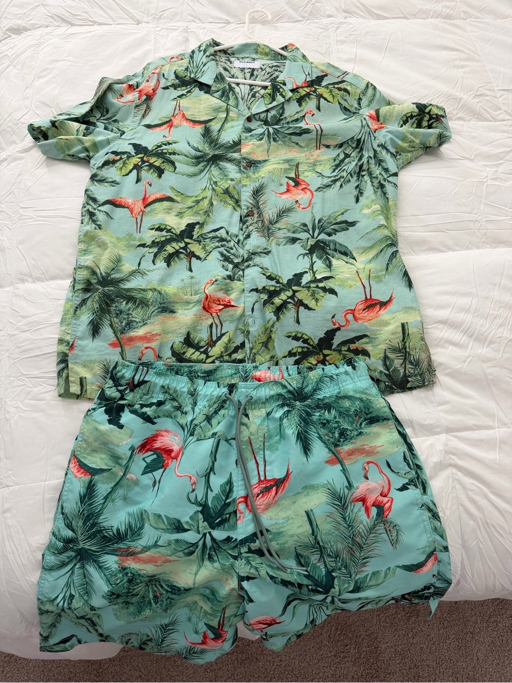 Old Navy Men's Flamingo Tropical Swim Trunks & Shirt Set - Mint Green & Coral